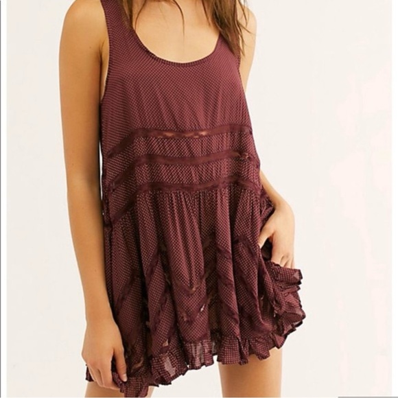 Free People Intimately Voile Trapeze Lace Ruffle Slip Dress in burgundy - Picture 2 of 7